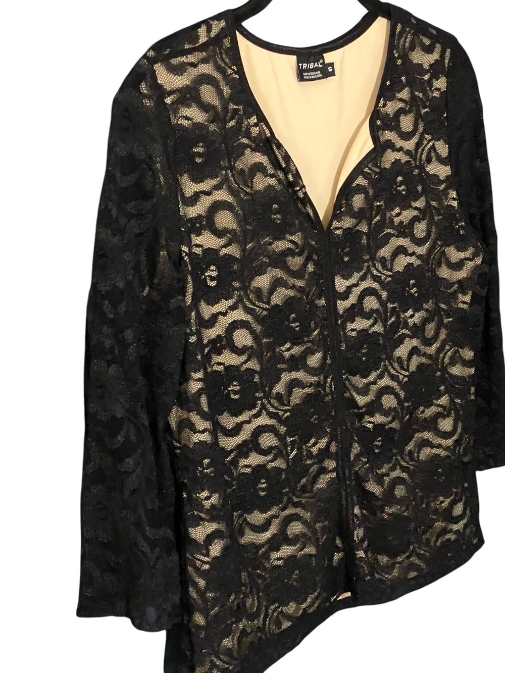 Tribal Black Floral Lace Top S Nude Lined 3/4 Sleeve Sheer Romantic Goth - Picture 5 of 9